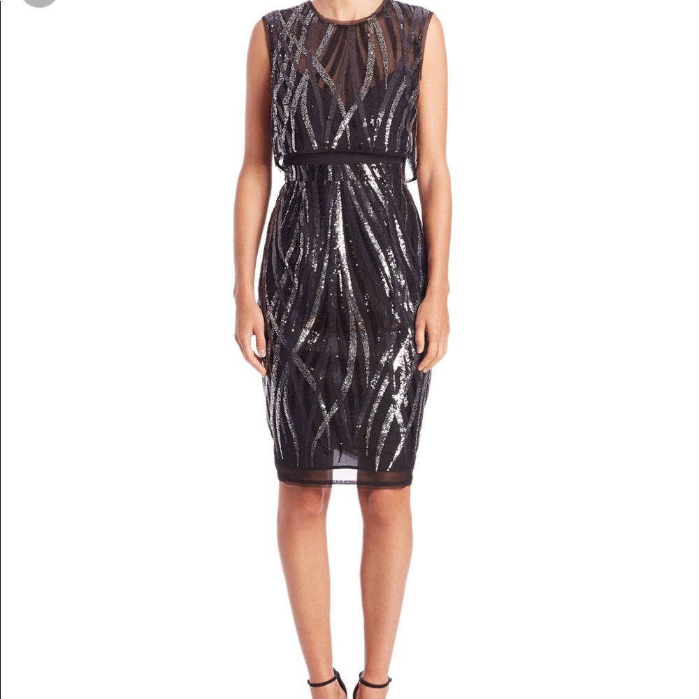 BCBGMaxAzria Black Sequin Midi Sheath Dress
